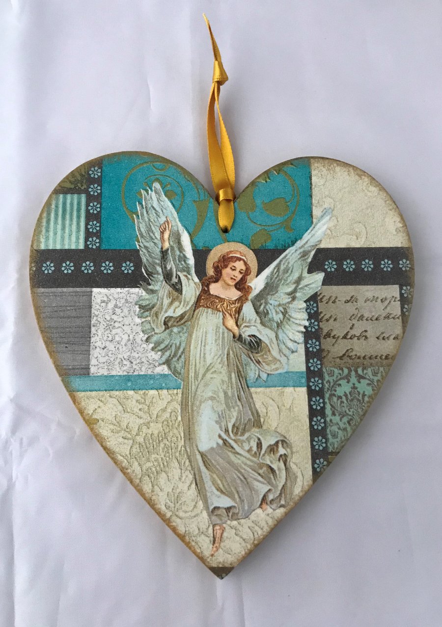 Decorated Christmas Wooden Heart Decoration Vintage Angel Blue Gold Narrative