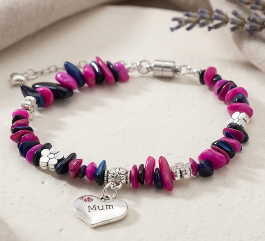 Handmade Shell Bead Bracelet with Mum Charm