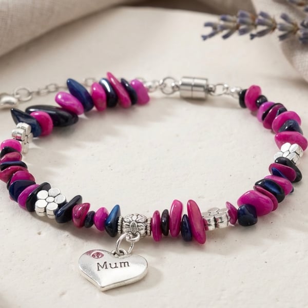 Handmade Shell Bead Bracelet with Mum Charm