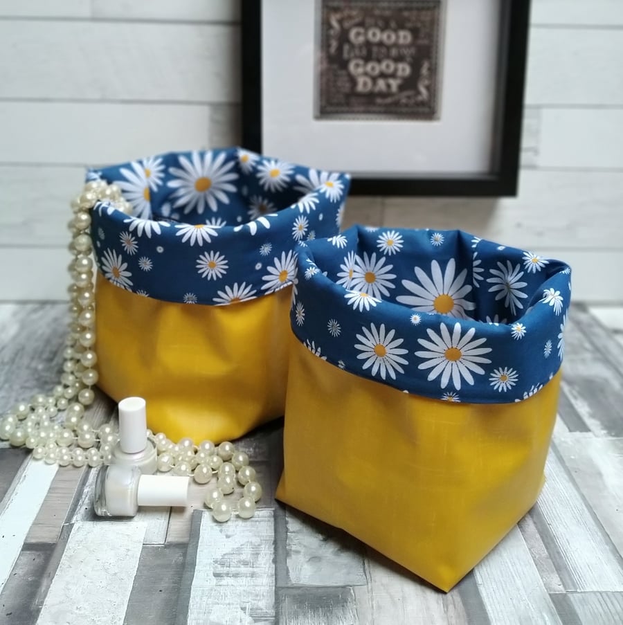 Mustard and Daisy Matt Oilcloth Contemporary Storage Baskets