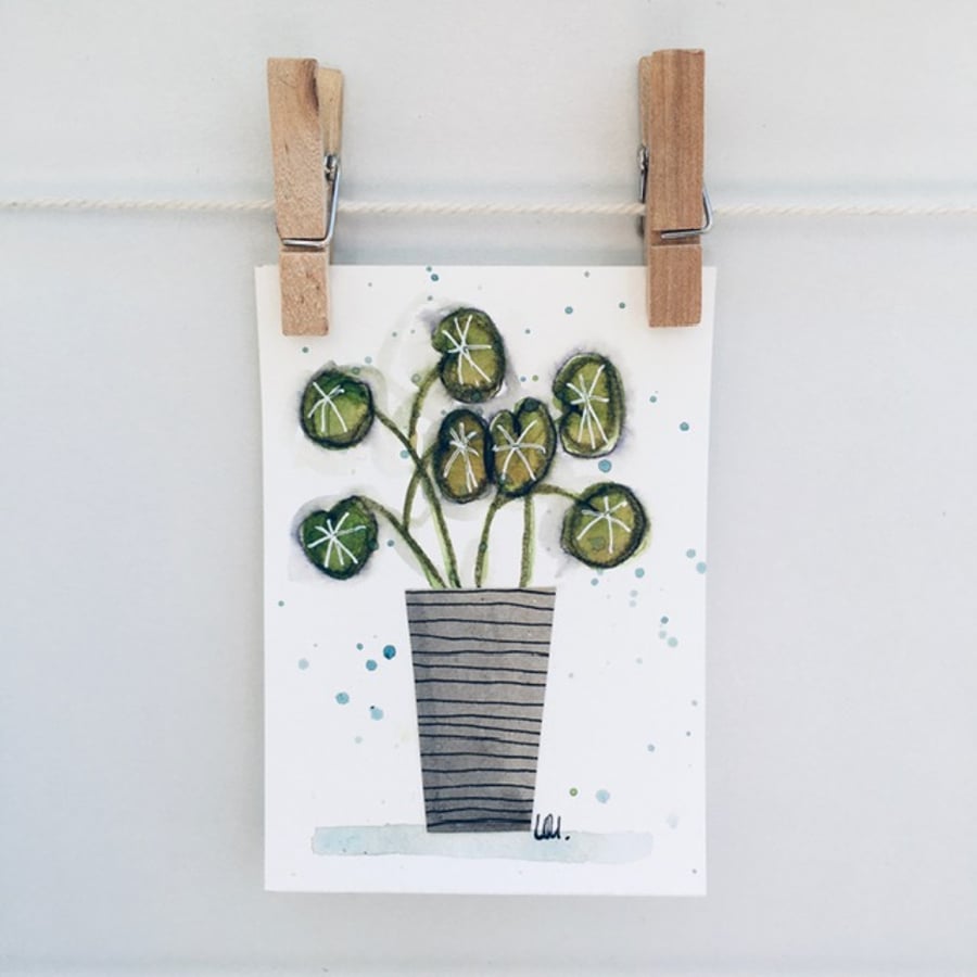 Original art ACEO in watercolour and collage house plant miniature