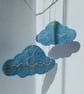 2 cloud shaped hand embroidered hanging ornaments, light blue wool - Image 9