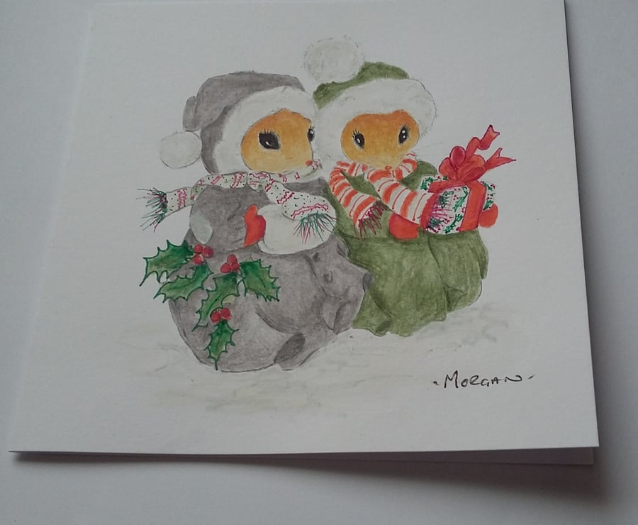 HAND PAINTED WATER COLOUR CARD  OF  MICE AT CHRISTMAS