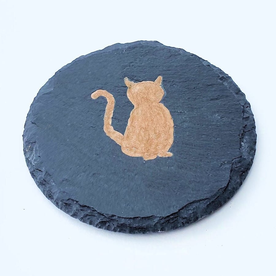 Cute Cat Gift, Handmade Rustic Gift, Hand Carved Coaster, Gold Heart Gift
