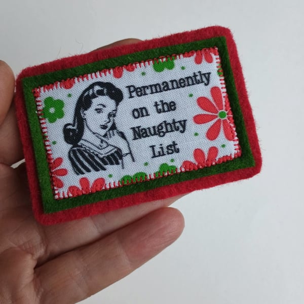 Christmas Brooch Naughty List Retro Woman - Vintage fabric Wool Felt