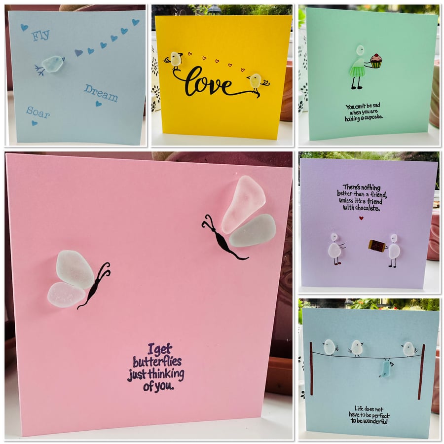 Sea glass cards. love, cupcake, butterfly,friends,motivational. 