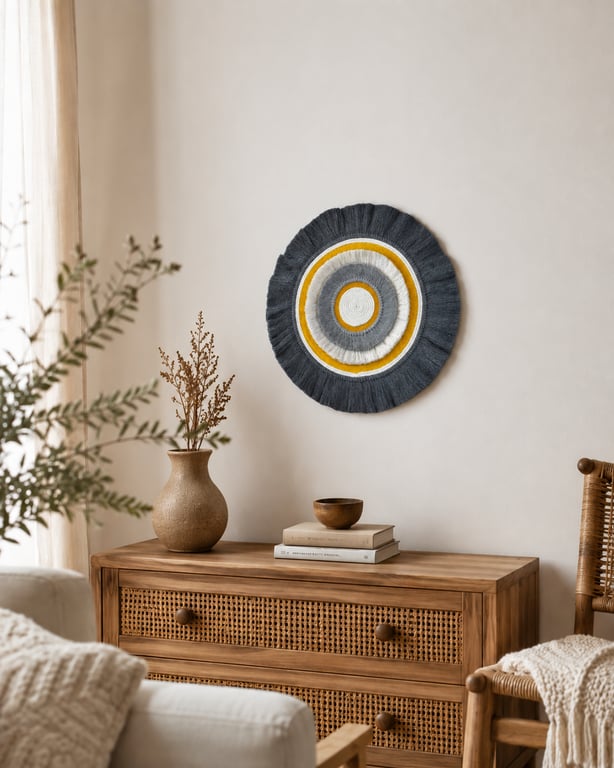  "Inyanga 5" - Yellow & Grey Macrame Wall, Shelf & Console Table Decor