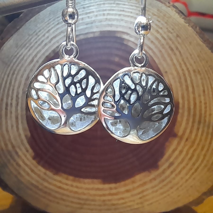 Tree of life sterling silver keepsake drop earrings with ashes, hair or fur.