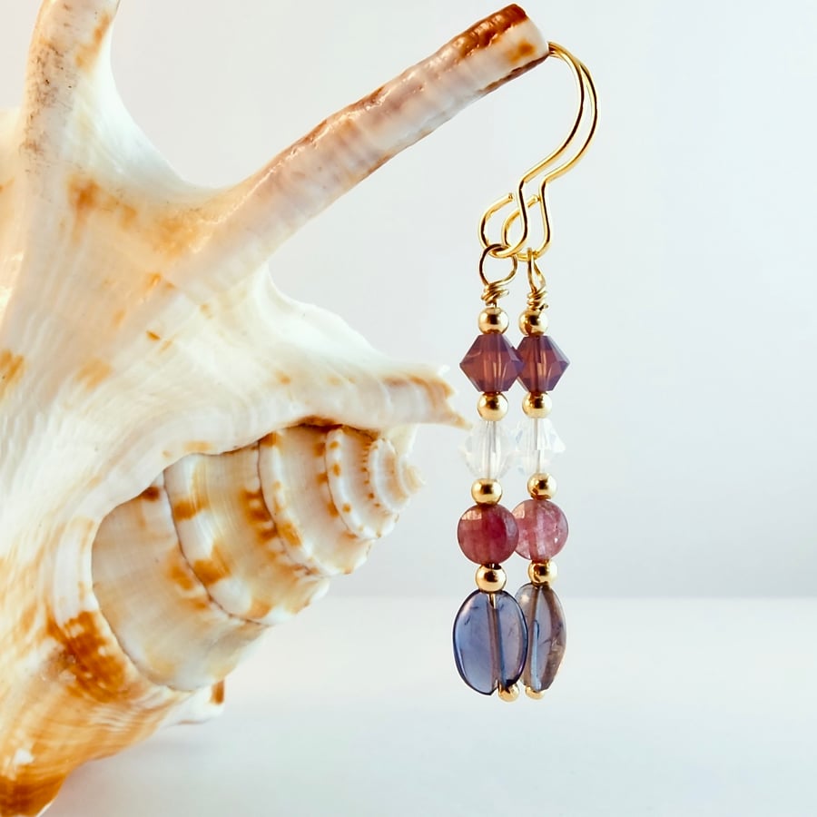 Pink Tourmaline And Iolite Earrings With Swarovski Crystals - Handmade In Devon
