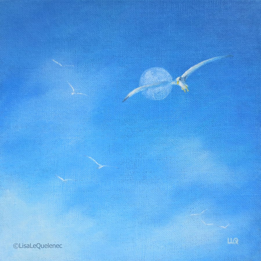 Original painting gulls and day moon gallery wall sky and cloud coastal art