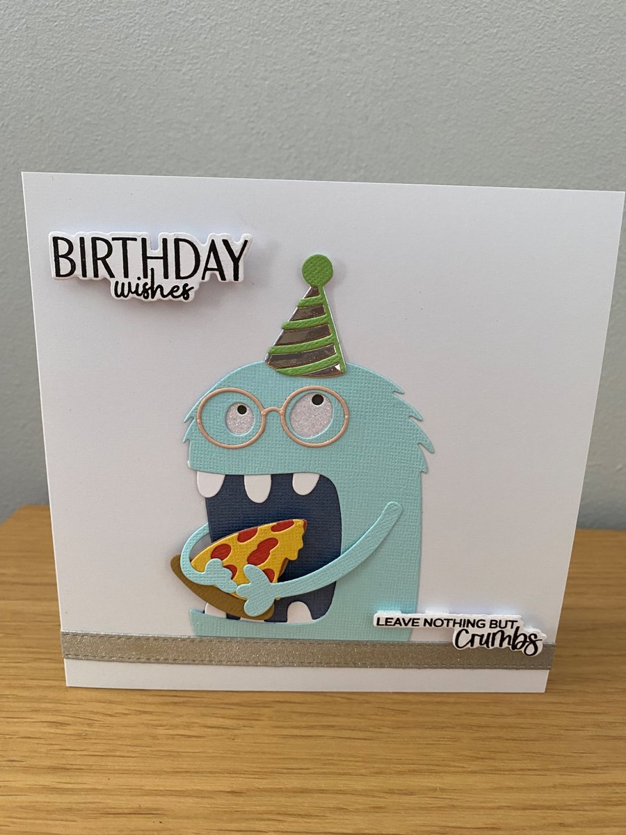 Handmade Birthday Monster Card  Pizza Loving Party Creature