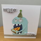 Handmade Birthday Monster Card  Pizza Loving Party Creature
