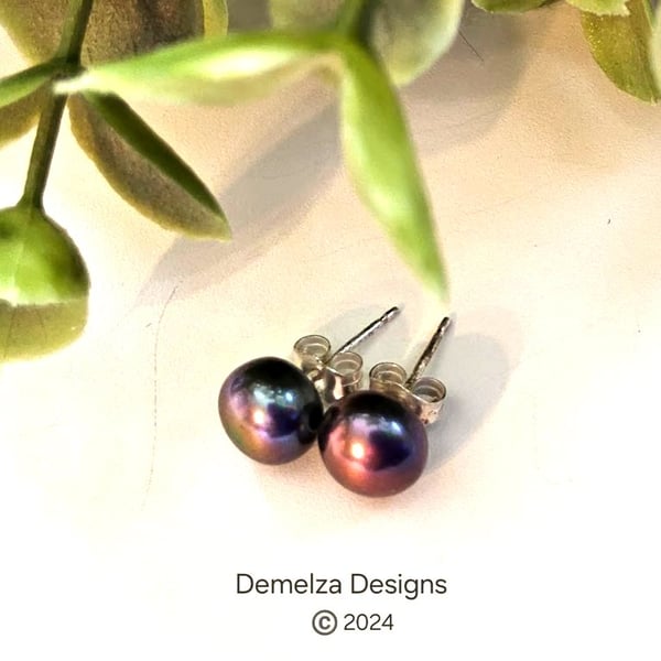 Peacock Button Freshwater Culture Pearl Stud Sterling Silver Earrings 