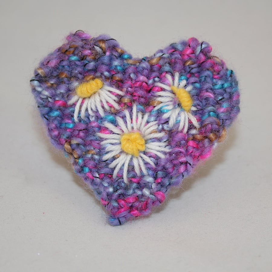 Embroidered Brooch - Daisies on pink blue and purple heart