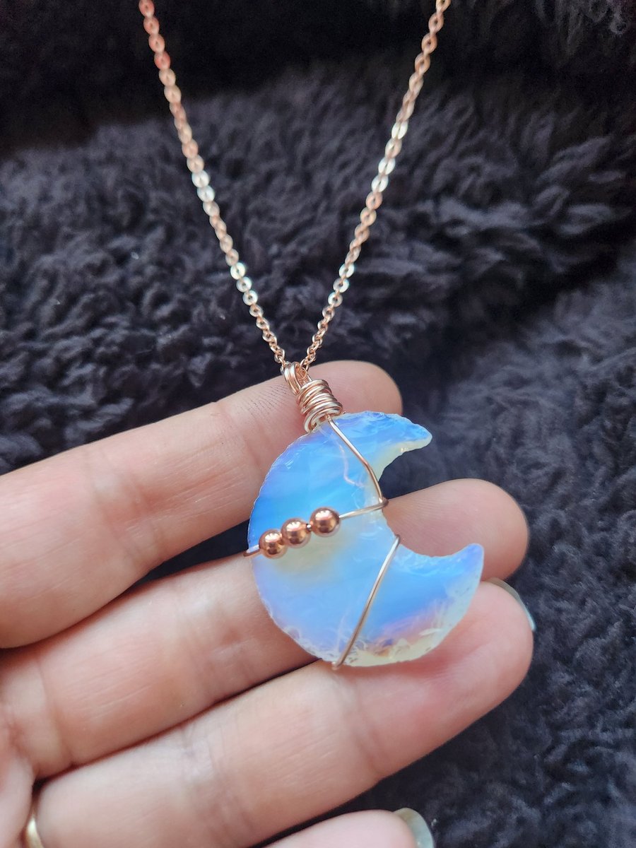 Opalite Moon Rose Gold wire wrap pendant 