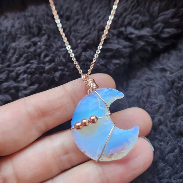 Opalite Moon Rose Gold wire wrap pendant 