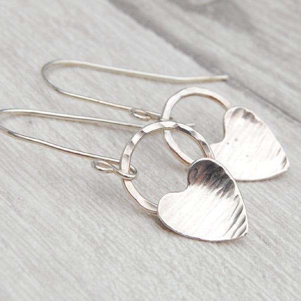 Silver heart on silver circle hook earrings