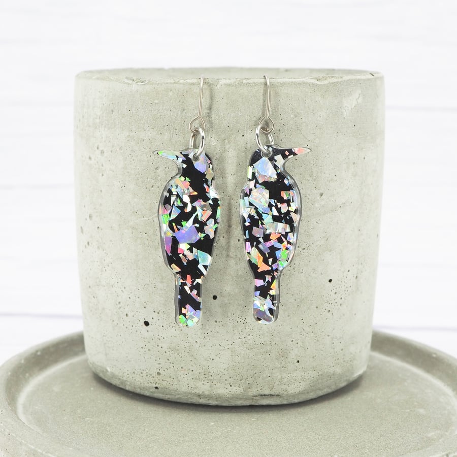Silver holographic flake crow dangle earrings, Hypoallergenic titanium ear wires