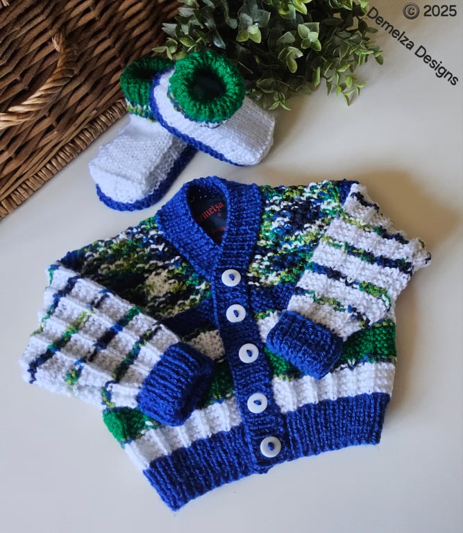 Hand Knitted Designer Baby Cardigan & Booties Set 3-9 Months Size