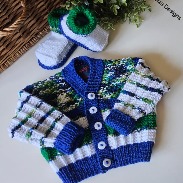 Hand Knitted Designer Baby Cardigan & Booties Set 3-9 Months Size