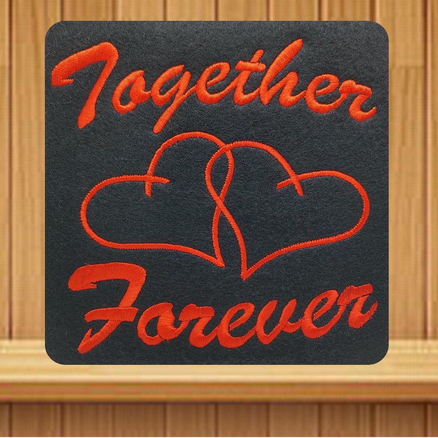 Handmade Valentine's card Red Together Forever embroidered design