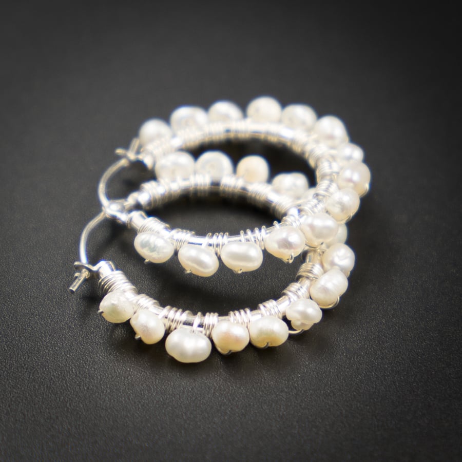  Natural cream freshwater pearl hoop earrings, pearl jewelry 