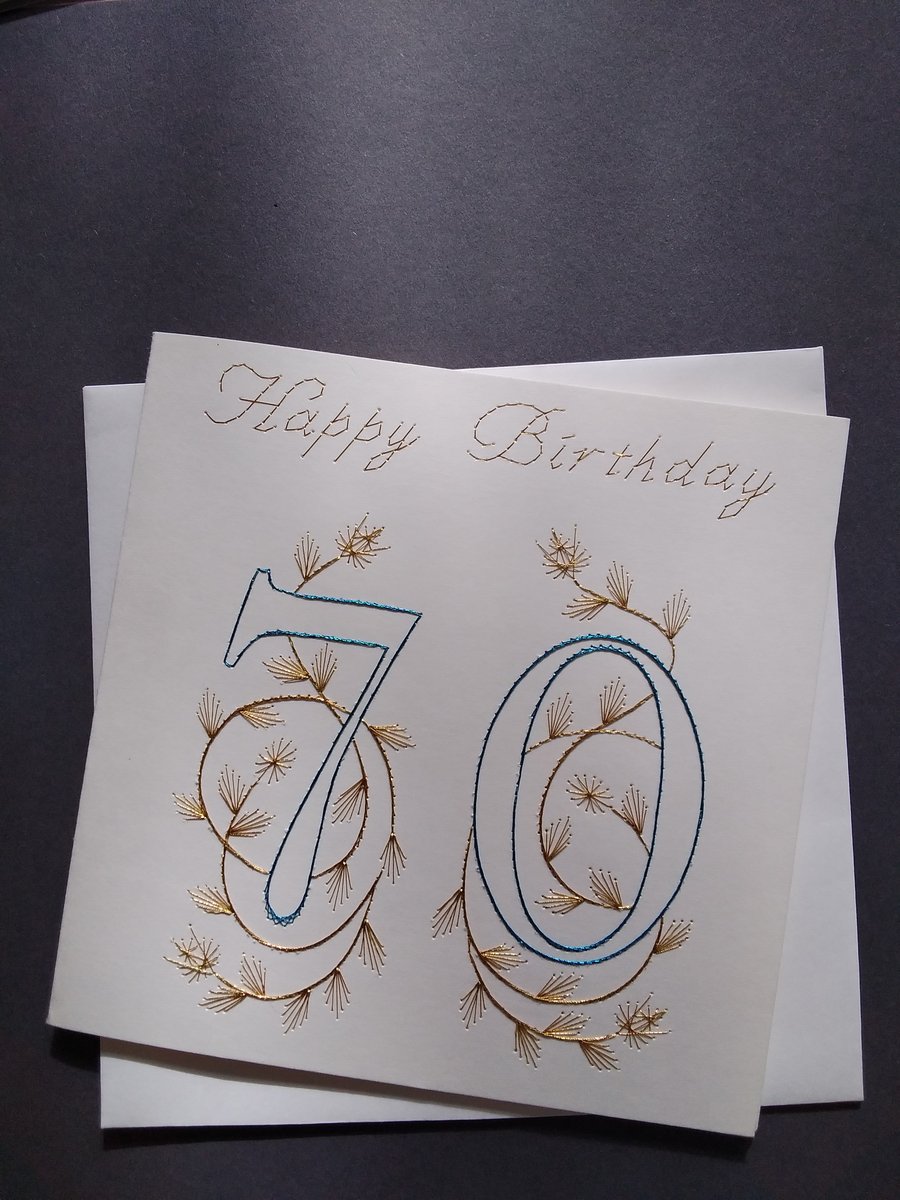 Hand Embroidered 70th Birthday Card.