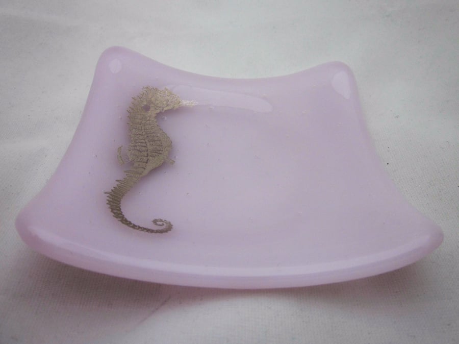 Handmade fused glass trinket bowl or soap dish- platinum seahorse on pastel pink