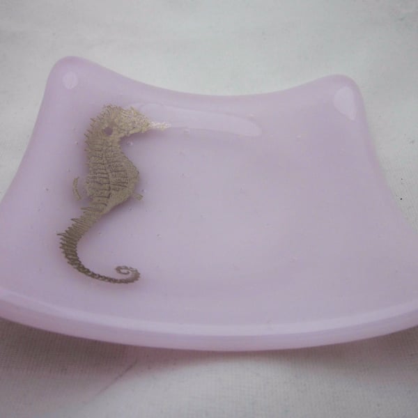 Handmade fused glass trinket bowl or soap dish- platinum seahorse on pastel pink
