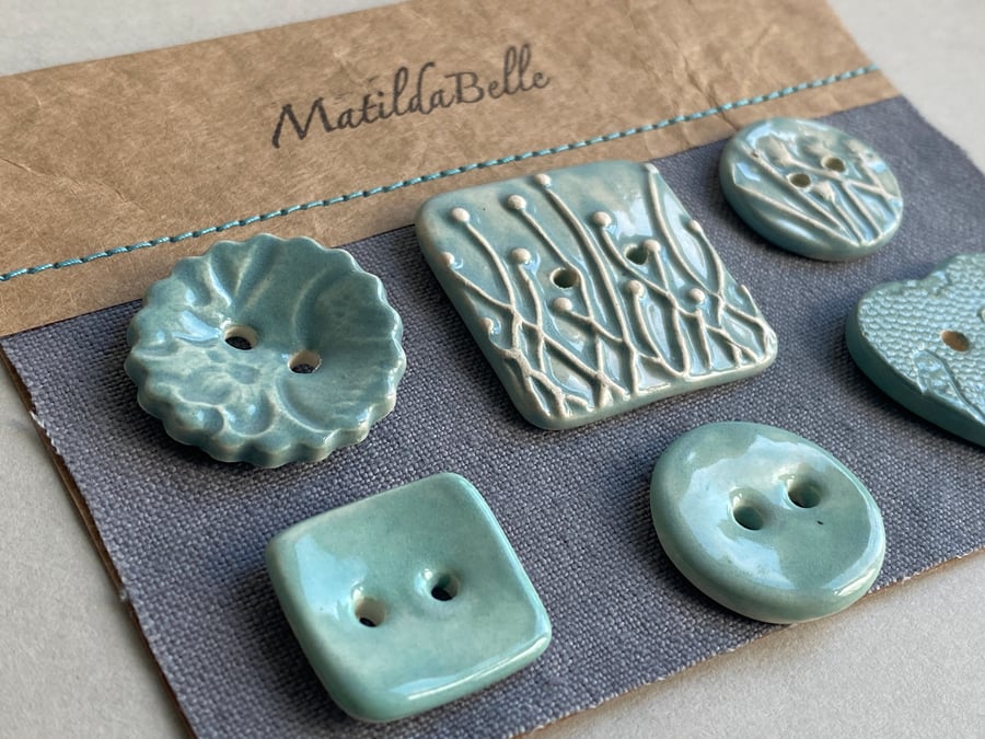 Buttons handmade Mixed set of Six ceramic pastel blue buttons