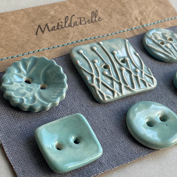 Buttons handmade Mixed set of Six ceramic pastel blue buttons