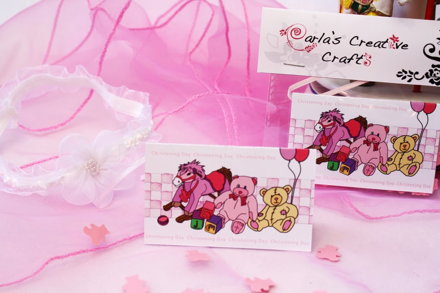 Girl Christening Day Gift Tag with Teddy Bear Confetti