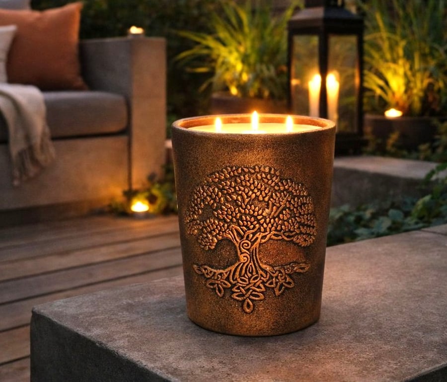 Tree of Life - copper Bronze large ceramic garden candle with Citronella & Lemon
