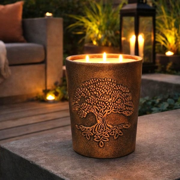 Tree of Life - copper Bronze large ceramic garden candle with Citronella & Lemon