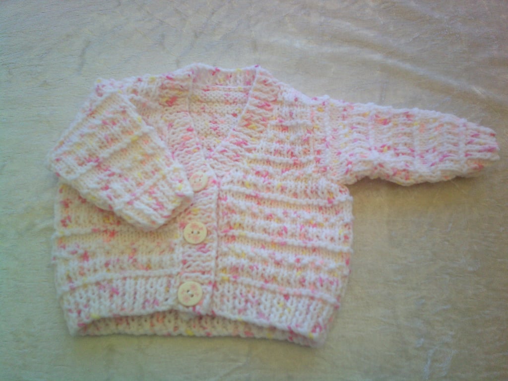 14 inch white with Lemon and Pink fleck V neck Cardigan