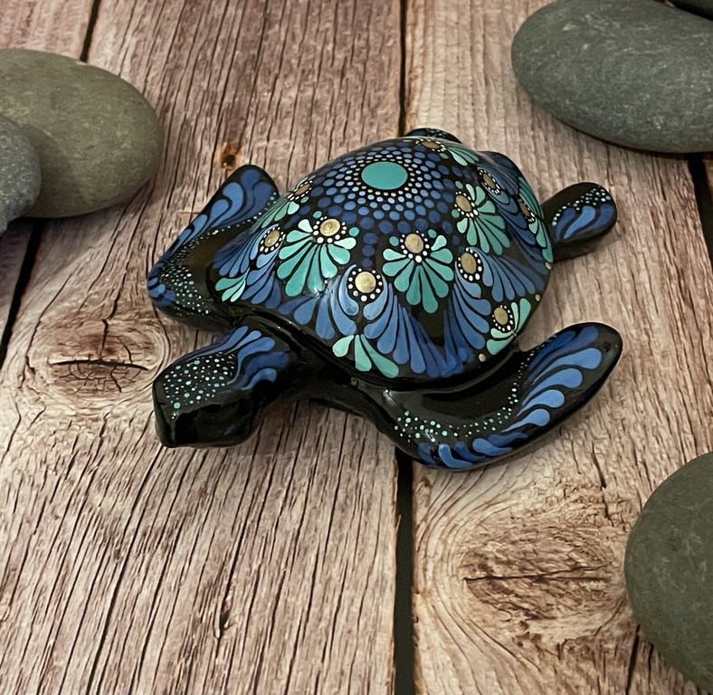 Blue Turtle Mandala Rock Art Stone Acrylic Art Painting Hand Painted Unique