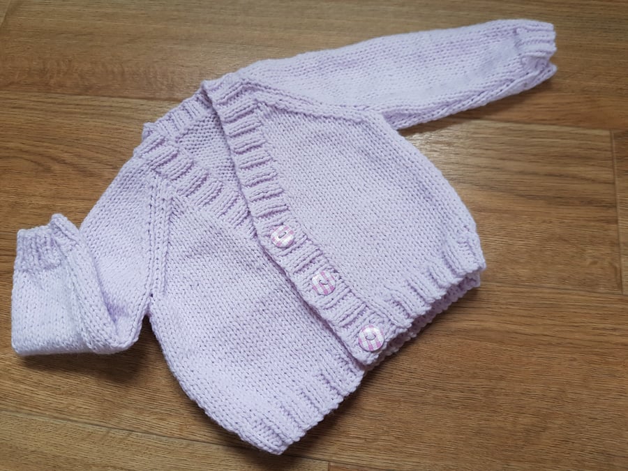 Pale Lilac Hand Knitted baby Cardigan 16"