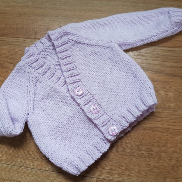 Pale Lilac Hand Knitted baby Cardigan 16"