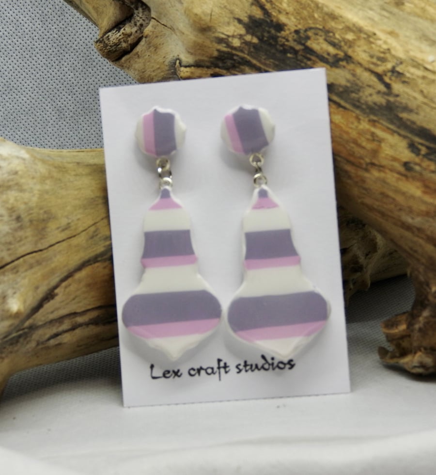 Striped shaped pink and lilac ceramic earrings 