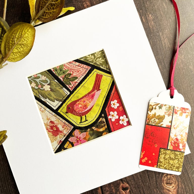 Mosaic-style fabric bird picture, textile art, textile bird, gift for bird lover