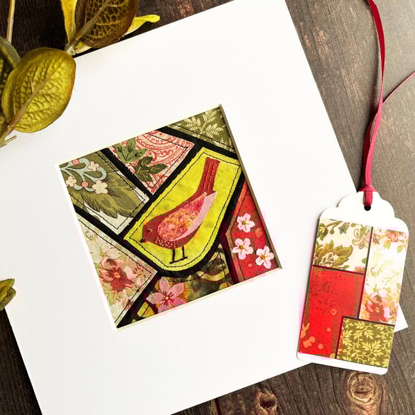 Mosaic-style fabric bird picture, textile art, textile bird, gift for bird lover