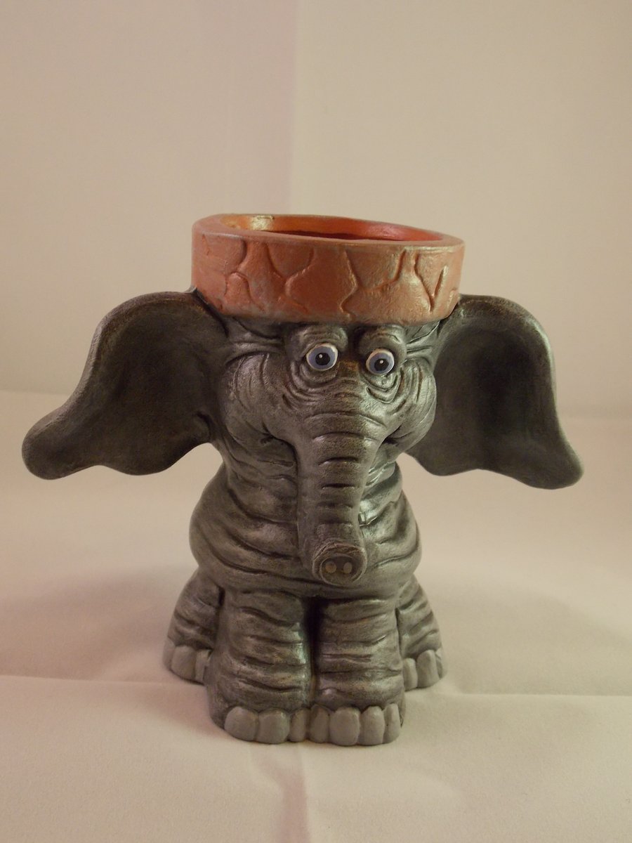 Ceramic Hand Painted Grey Elephant Animal Figurine Plant Pot Candle Holder.