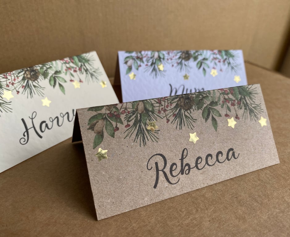 6 x personalised NAME Christmas place CARDS Wedding table setting greenery frame