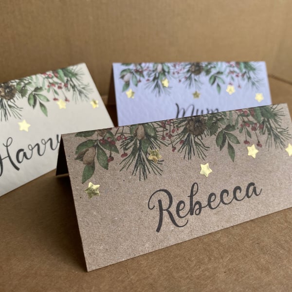 6 x personalised NAME Christmas place CARDS Wedding table setting greenery frame