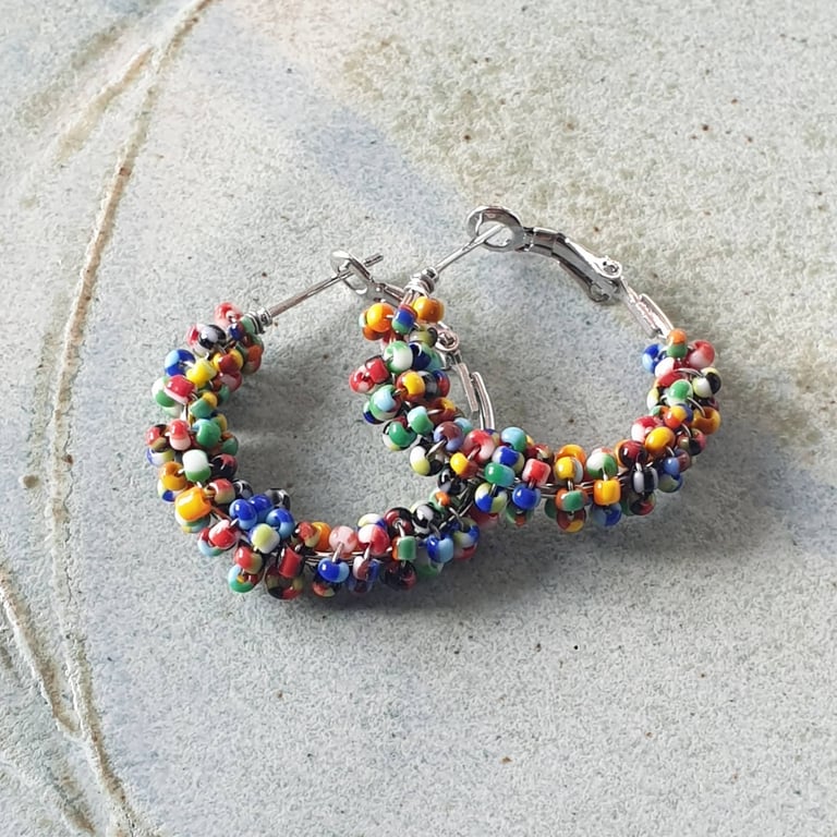 Make Your Own Seed Bead Hoop Earrings - silver