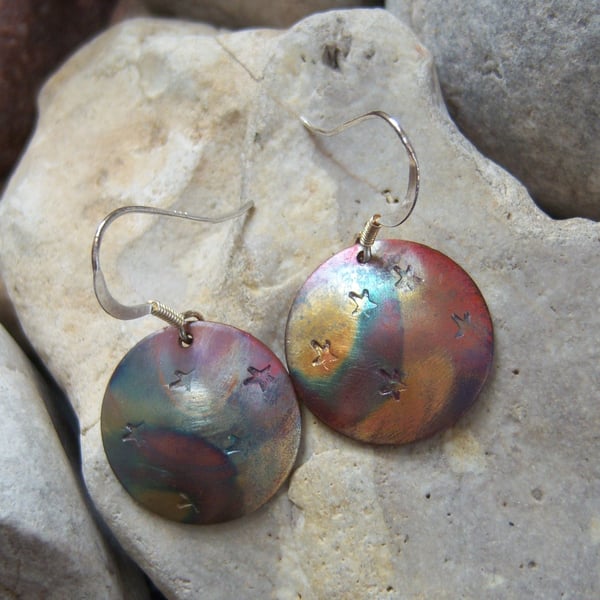 Flame Painted Copper Round Earrings with star imprint