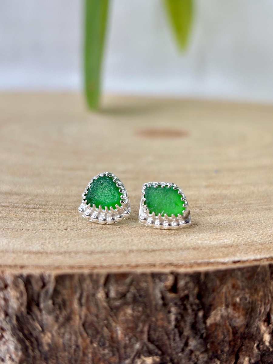 Dainty Sea Glass earrings, Stud earrings with Green sea glass, Sea Glass gift fo