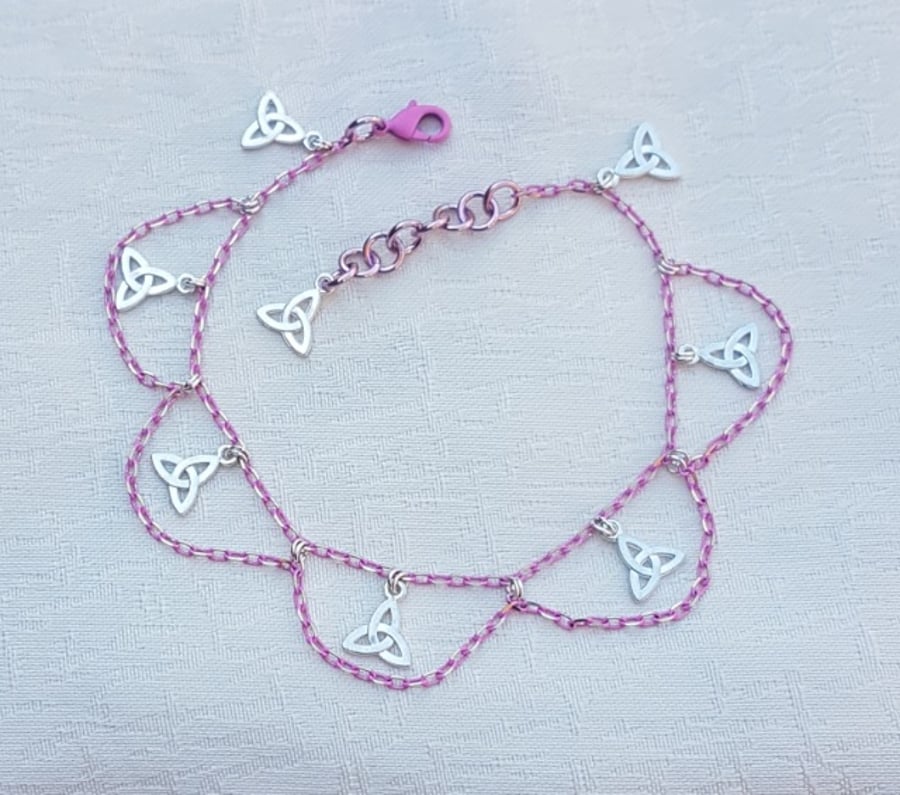 Gorgeous Pink Chain Anklet with Triquetra (Trinity Knot) Charms.