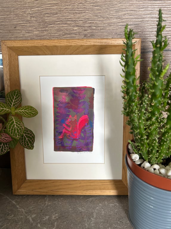 Quirky little Squirrel - Mono print   One of a kind