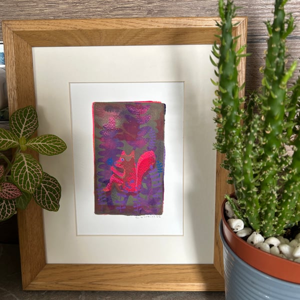 Quirky little Squirrel - Mono print   One of a kind